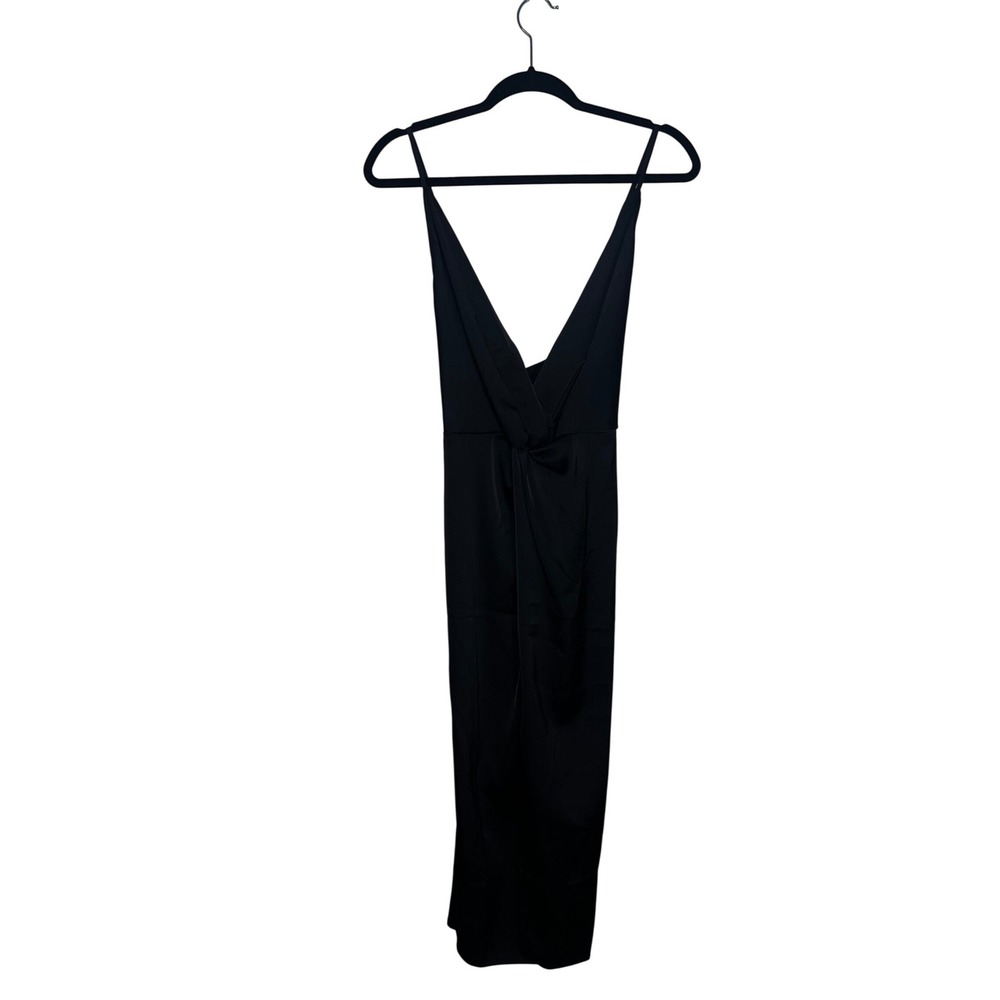 NWT Nasty Gal Satin Twist Front Midi Dress Black V-Neck VZY0120 Woman's Size L